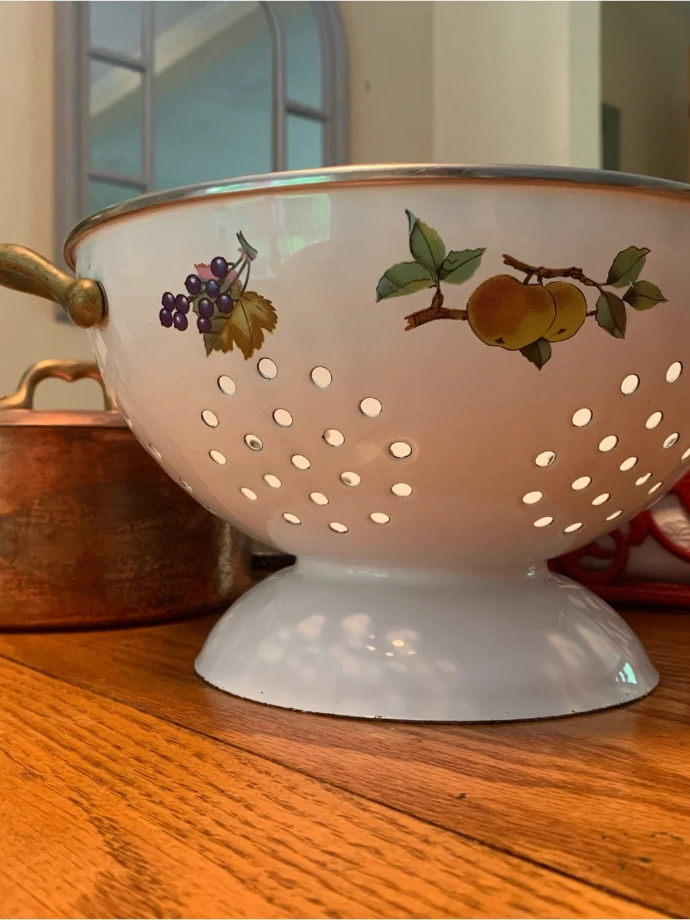 Vintage White Enamel stand Alone Colander with Brass Handles